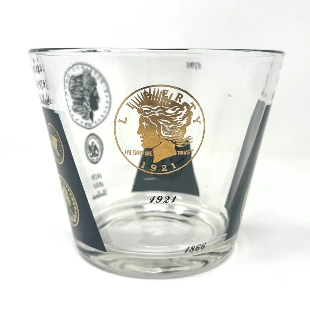Mid Century Modern Vintage Cera Glass Ice Bucket Coins Design Black Gold